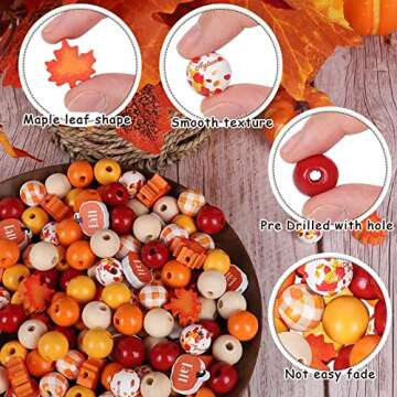 Whaline 200Pcs Fall Wooden Beads Thanksgiving Rustic Farmhouse Wood Beads Autumn Maple Leaves Pumpkin Plaid Beads Natural Round Beads for DIY Craft Making Bracelet Necklace Home Tiered Tray Decor