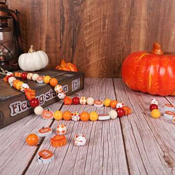 Whaline 200Pcs Fall Wooden Beads Thanksgiving Rustic Farmhouse Wood Beads Autumn Maple Leaves Pumpkin Plaid Beads Natural Round Beads for DIY Craft Making Bracelet Necklace Home Tiered Tray Decor