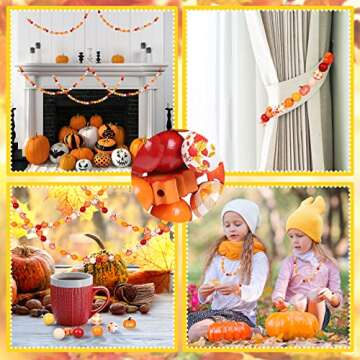 Whaline 200Pcs Fall Wooden Beads Thanksgiving Rustic Farmhouse Wood Beads Autumn Maple Leaves Pumpkin Plaid Beads Natural Round Beads for DIY Craft Making Bracelet Necklace Home Tiered Tray Decor