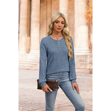 XIEERDUO Fall Sweaters for Women Blue Tops Long Sleeve Henley Tunic Tops Loose Fit Dressy Winter Clo...
