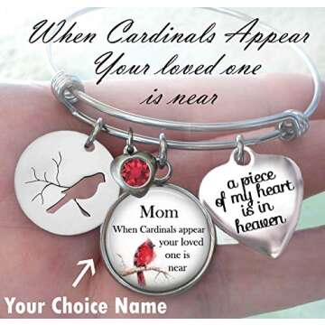 Your Choice Name, When A Cardinal Appears Your Loved One Is Near, Memorial Bangle Bracelet, Grief Relief, Sympathy Bereavement Gift, A Piece of My Heart Is In Heaven, Teens, Small, Medium or Large