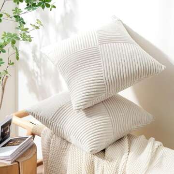 Topfinel Cream White Decorative Neutral Throw Pillow Covers 18x18 Inch for Couch Sofa Bed, Soft Corduroy Striped Patchwork Windmill Textured Square Cushion Covers Set of 2 Spring Boho Home Decor