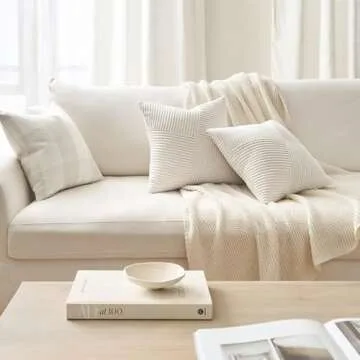 Topfinel Cream White Decorative Neutral Throw Pillow Covers 18x18 Inch for Couch Sofa Bed, Soft Corduroy Striped Patchwork Windmill Textured Square Cushion Covers Set of 2 Spring Boho Home Decor