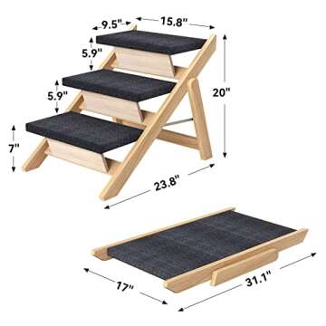 RunLexi Pet Stairs/Steps, Medium Dogs Steps for High Beds, Sofa, Couch, Car, 2-in-1 Foldable Wood Dog Ramp with Non-Slip Pads, Safety, Durable Portable Dog/Cat Ladder Up to 110 lbs, 3 Steps