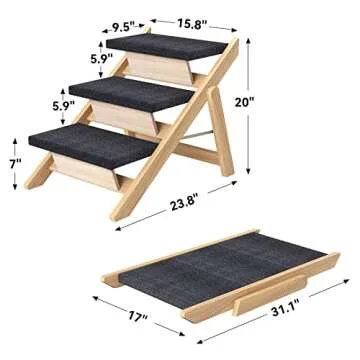 RunLexi Pet Stairs/Steps, Medium Dogs Steps for High Beds, Sofa, Couch, Car, 2-in-1 Foldable Wood Dog Ramp with Non-Slip Pads, Safety, Durable Portable Dog/Cat Ladder Up to 110 lbs, 3 Steps