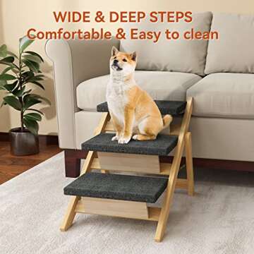 RunLexi Pet Stairs/Steps, Medium Dogs Steps for High Beds, Sofa, Couch, Car, 2-in-1 Foldable Wood Dog Ramp with Non-Slip Pads, Safety, Durable Portable Dog/Cat Ladder Up to 110 lbs, 3 Steps