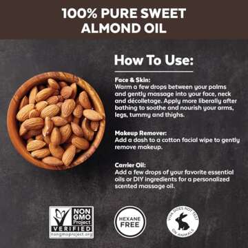 Sweet Almond Oil for Skin - Body Oil, Hair Moisturizer and Relaxing Massage and Oil, Carrier Oil for Essential Oils Mixing, Non-Greasy Pure Sweet Almond Oil for Hair and Skin, 16 fl oz