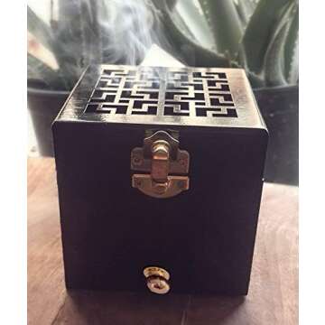 Nazareth Store Black Wood Incense Burner Holder Natural Ash Wood Box Distiller Cone Charcoal Resin A...