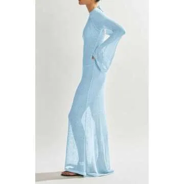 Saodimallsu Womens Crochet Cover Ups Long Sleeve Sexy Mesh Backless Knit Swimsuit Coverup Beach Maxi...