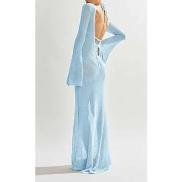 Saodimallsu Womens Crochet Cover Ups Long Sleeve Sexy Mesh Backless Knit Swimsuit Coverup Beach Maxi Dress Blue