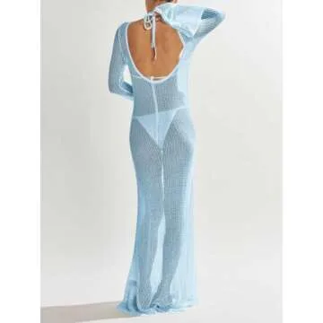 Saodimallsu Womens Crochet Cover Ups Long Sleeve Sexy Mesh Backless Knit Swimsuit Coverup Beach Maxi Dress Blue