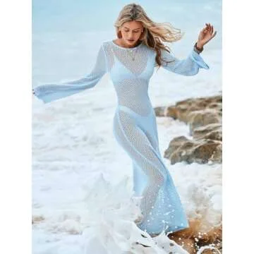 Saodimallsu Womens Crochet Cover Ups Long Sleeve Sexy Mesh Backless Knit Swimsuit Coverup Beach Maxi Dress Blue