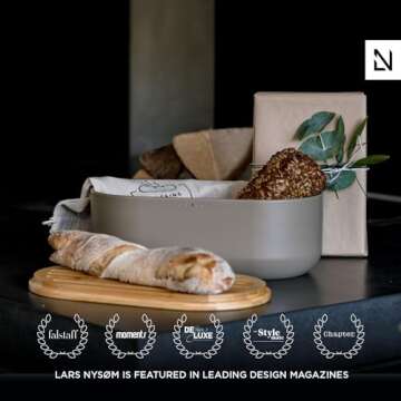 LARS NYSØM Bread Box I Metal Box with linen bag for long lasting freshness I Bread Bin with bamboo lid usable as cutting board I 14.2x7.5x5.1 In (Taupe Brown)