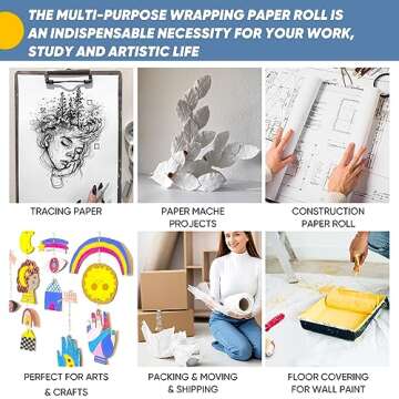 White Wrapping Paper Craft Paper Kraft Paper Roll 15" x 450", Bulletin Board Paper, Arts & Crafts, Gift Wrapping Packing Painting Drawing Paint Easel Poster Chart Decorative Paper, Kids Art Supplies
