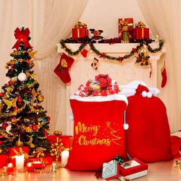 FOIMAS Christmas Santa Sack,43x27 inch Jumbo Velvet Santa Gift Bags with Drawstring for Christmas Gift Wrapping Home Decoration Supply,Gold