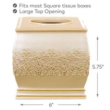 Creative Scents Shannon Square Tissue Box Cover - Decorative Bathroom Tissue Box Holder (6" X 6" X 5.75") - Elegant Beige and Gold Tissue Box Cover Square with Durable Bottom Slider