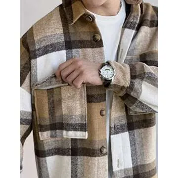 COWOKA Men's Casual Warm Plaid Wool Blend Jacket Fleece Relaxed Fit Button Up Long Sleeve Shacket Shirt Coat Khaki L