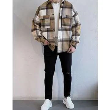 COWOKA Men's Casual Warm Plaid Wool Blend Jacket Fleece Relaxed Fit Button Up Long Sleeve Shacket Shirt Coat Khaki L