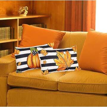 HOMFREEST Fall Pumpkin Throw Pillow Covers 12x20 Inch Set of 2 Autumn Stripe Maple Farmhouse Harvest Pillowcases Decorative Cushion Cases for Sofa Couch