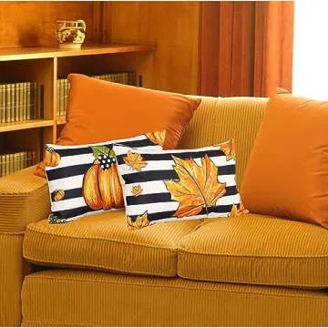 HOMFREEST Fall Pumpkin Throw Pillow Covers 12x20 Inch Set of 2 Autumn Stripe Maple Farmhouse Harvest Pillowcases Decorative Cushion Cases for Sofa Couch