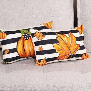 HOMFREEST Fall Pumpkin Throw Pillow Covers 12x20 Inch Set of 2 Autumn Stripe Maple Farmhouse Harvest Pillowcases Decorative Cushion Cases for Sofa Couch