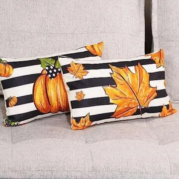 HOMFREEST Fall Pumpkin Throw Pillow Covers 12x20 Inch Set of 2 Autumn Stripe Maple Farmhouse Harvest Pillowcases Decorative Cushion Cases for Sofa Couch