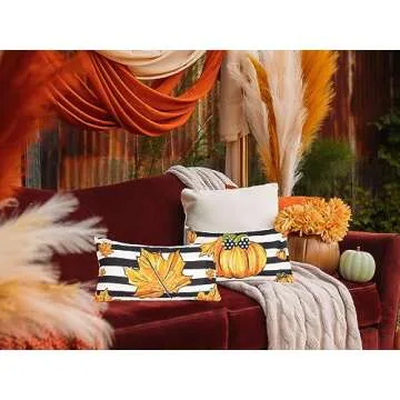 HOMFREEST Fall Pumpkin Throw Pillow Covers 12x20 Inch Set of 2 Autumn Stripe Maple Farmhouse Harvest Pillowcases Decorative Cushion Cases for Sofa Couch