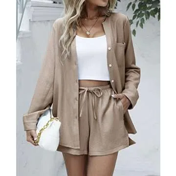 Ekouaer Lounge Set for Women Loungewear 2 Piece Lounge Weae Popular Travel Vacation Beach Outfits with Pockets Beige,Large