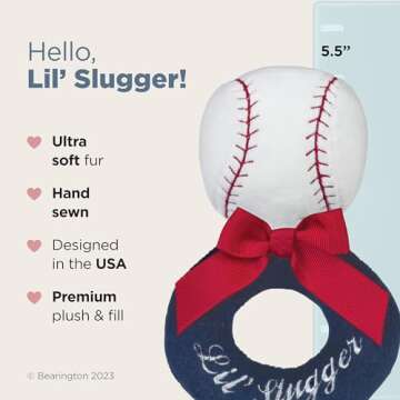 Bearington Collection Baby Lil’ Slugger, 5.5 Inch Red, White and Blue Plush Stuffed Baby Baseball Soft Ring Rattle