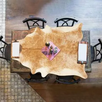 Rtizon Faux Cowhide Rug for Living Room, 4.6 x 5.2 Feet Khaki, Cow Print Skins Rug for Bedroom, Durable Premium Faux Fur Animal Cow Hide Rugs Carpet for Western Decor