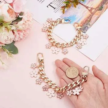 PH PandaHall 2pcs Bag Charm Chain, 7.9" Purse Chain Strap Golden Purse Charms Short Bag Chain Enamel Flower Charm Purse Handle Extender Decorative Bag Chains for Handbag Wallet Crossbody Shoulder Bag