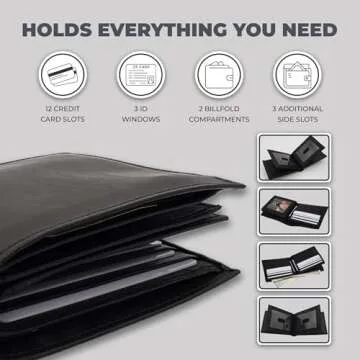 AG Wallets Bifold Leather Wallet for Men - Men’s Wallet with Double Center Flap & 3 ID Windows - Compact Wallet for Men - Cash Wallet with 12 Card Slots & 2 Billfold Compartments - Black