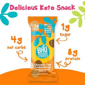 Bhu Foods Keto Bars, Organic Low Carb, Only 1g Sugar, Gluten Free & Vegan, Sweetened with Monk Fruit, Healthy Protein Snacks for Adults, Chocolate Chip Cookie Dough (Pack of 8)