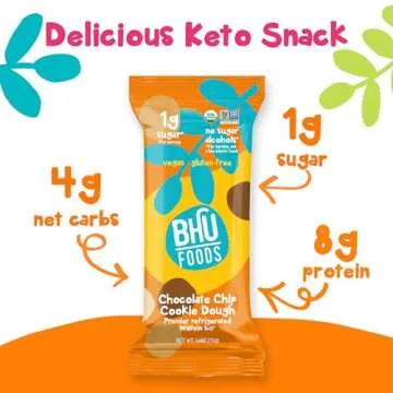 Bhu Foods Keto Bars, Organic Low Carb, Only 1g Sugar, Gluten Free & Vegan, Sweetened with Monk Fruit, Healthy Protein Snacks for Adults, Chocolate Chip Cookie Dough (Pack of 8)
