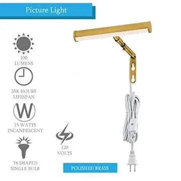 Ciata Picture Light Picture Frame Light Adjustable 14-Inches Integrated LED Art Light 15 Watt Metal Picture Lights for Wall, Artwork Light with in-line On/Off Switch E12 Candelabra Base Polished Brass