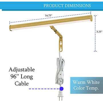Ciata Picture Light Picture Frame Light Adjustable 14-Inches Integrated LED Art Light 15 Watt Metal Picture Lights for Wall, Artwork Light with in-line On/Off Switch E12 Candelabra Base Polished Brass