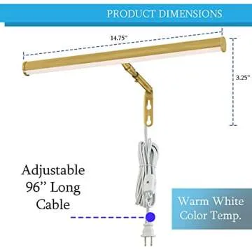 Ciata Picture Light Picture Frame Light Adjustable 14-Inches Integrated LED Art Light 15 Watt Metal Picture Lights for Wall, Artwork Light with in-line On/Off Switch E12 Candelabra Base Polished Brass