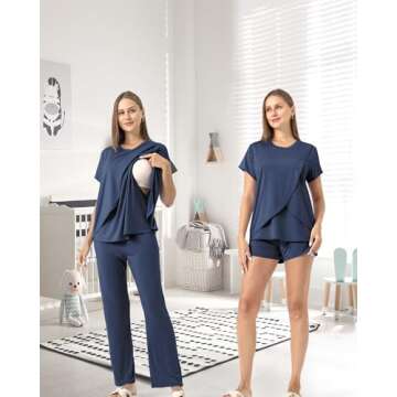Rnxrbb 3 Piece Postpartum Nursing Pajamas Set for Women - Navy L