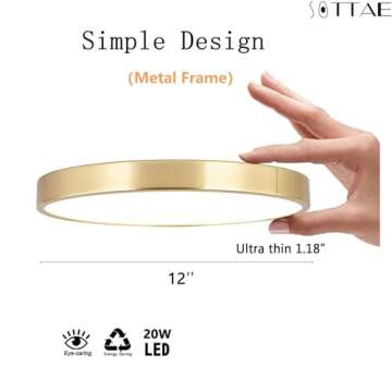 SOTTAE 2 Pack 12 Inch Brushed Gold Metal Flush Mount LED Ceiling Light,3000K-5000K 20W Thin Round Ceiling Lamp,Modern Low Profile Ceiling Light Fixtures for Bedroom Living Room Kitchen Bathroom