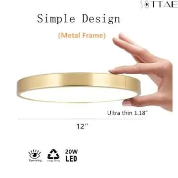 SOTTAE 2 Pack 12 Inch Brushed Gold Metal Flush Mount LED Ceiling Light,3000K-5000K 20W Thin Round Ceiling Lamp,Modern Low Profile Ceiling Light Fixtures for Bedroom Living Room Kitchen Bathroom