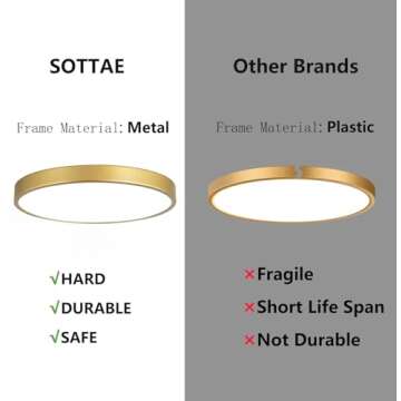 SOTTAE 2 Pack 12 Inch Brushed Gold Metal Flush Mount LED Ceiling Light,3000K-5000K 20W Thin Round Ceiling Lamp,Modern Low Profile Ceiling Light Fixtures for Bedroom Living Room Kitchen Bathroom