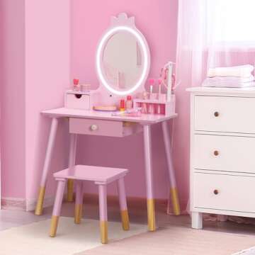 BRINJOY Kids Vanity Set with Lighted Mirror, Princess Make Up Dressing Table and Stool Set w/Jewelry...