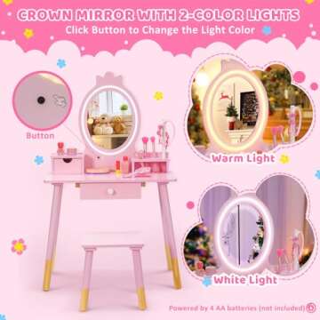 BRINJOY Kids Vanity Set with Lighted Mirror, Princess Make Up Dressing Table and Stool Set w/Jewelry Storage Rack & Make Up Brush Holder, Wooden Children Vanity Table Pretend Playset for Girls