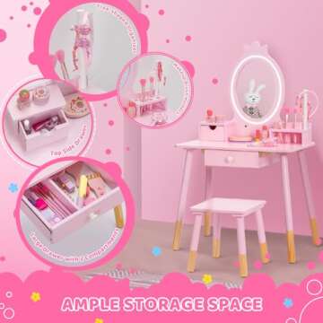 BRINJOY Kids Vanity Set with Lighted Mirror, Princess Make Up Dressing Table and Stool Set w/Jewelry Storage Rack & Make Up Brush Holder, Wooden Children Vanity Table Pretend Playset for Girls