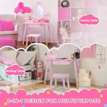 BRINJOY Kids Vanity Set with Lighted Mirror, Princess Make Up Dressing Table and Stool Set w/Jewelry Storage Rack & Make Up Brush Holder, Wooden Children Vanity Table Pretend Playset for Girls