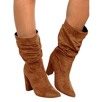 Syktkmx Womens Winter Slouchy High Heel Boots Mid Calf Suede Slip on Chunky Block Pointed Toe Boots