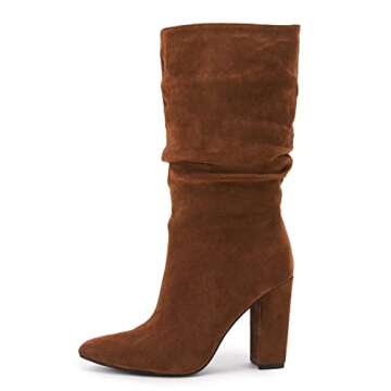 Syktkmx Womens Winter Slouchy High Heel Boots Mid Calf Suede Slip on Chunky Block Pointed Toe Boots