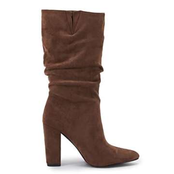 Syktkmx Womens Winter Slouchy High Heel Boots Mid Calf Suede Slip on Chunky Block Pointed Toe Boots