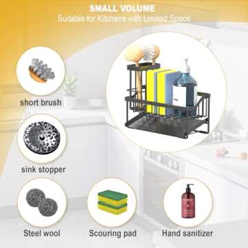 Vanwood Kitchen Sink Caddy Sponge Holder for Kitchen Sink with Brush Holder, Kitchen Sink Cocina Organizer and Storage Dish Soap Sponge Caddy with Auto Stainless Steel Draining Tray for Counter