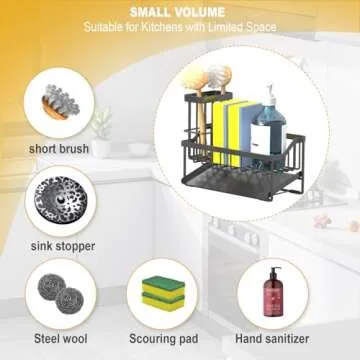 Vanwood Kitchen Sink Caddy Sponge Holder for Kitchen Sink with Brush Holder, Kitchen Sink Cocina Organizer and Storage Dish Soap Sponge Caddy with Auto Stainless Steel Draining Tray for Counter